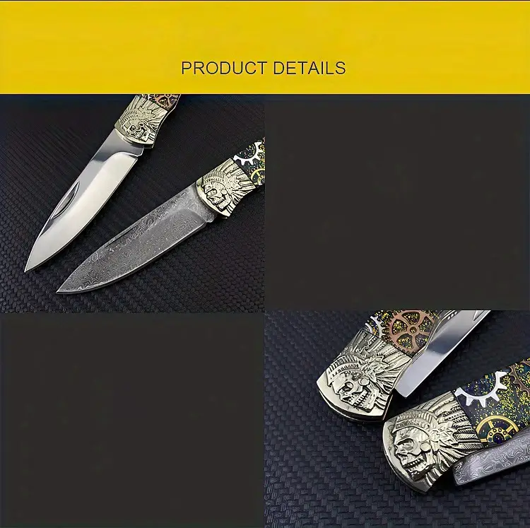 1pc damascus gear pattern folding survival knife portable stainless steel folding pocket knife multifunctional edc knife for outdoor camping hiking emergency details 2