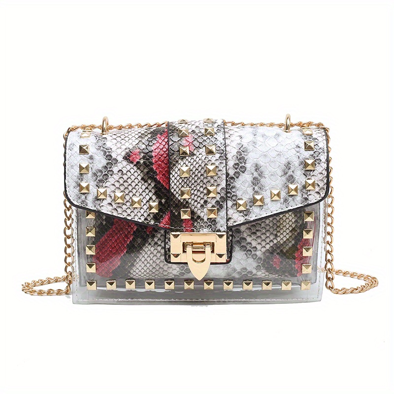 Studded Allover Print Versatile Shoulder Bag, Flap Chain Strap