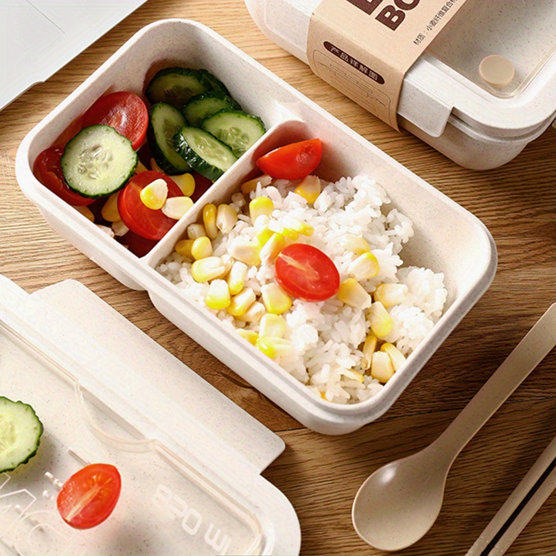 1 set insulated lunch box with tableware for office workers square divided wheat straw microwave oven bento box with   leakproof food container home kitchen supplies for teenagers and workers for back school classroom details 13