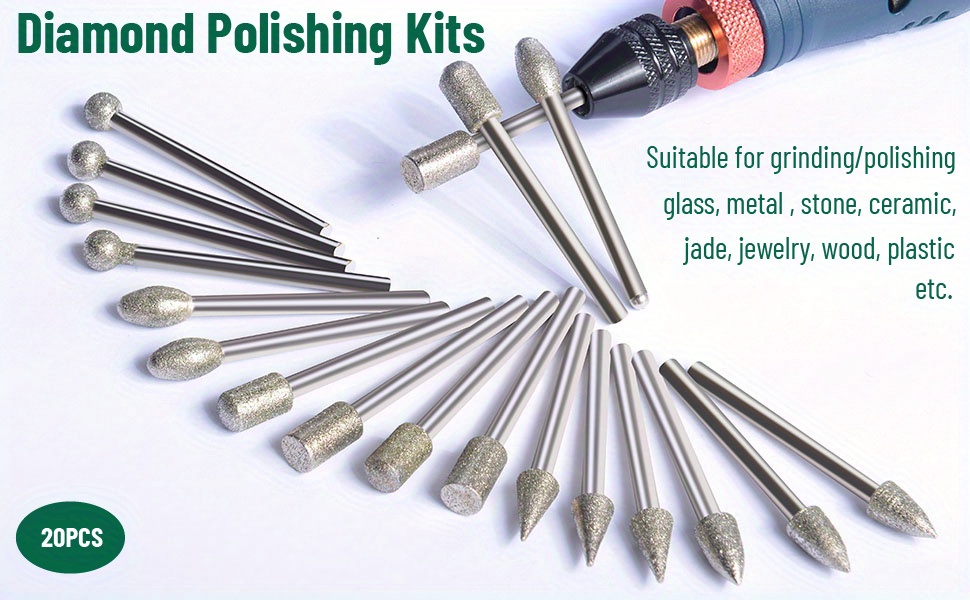 Stone Carving Set Polishing Diamond Burrs, Rotary Tools Accessories Grinding Burrs with 1/8 inch Shank for Carving, Engraving, Grinding, Polishing