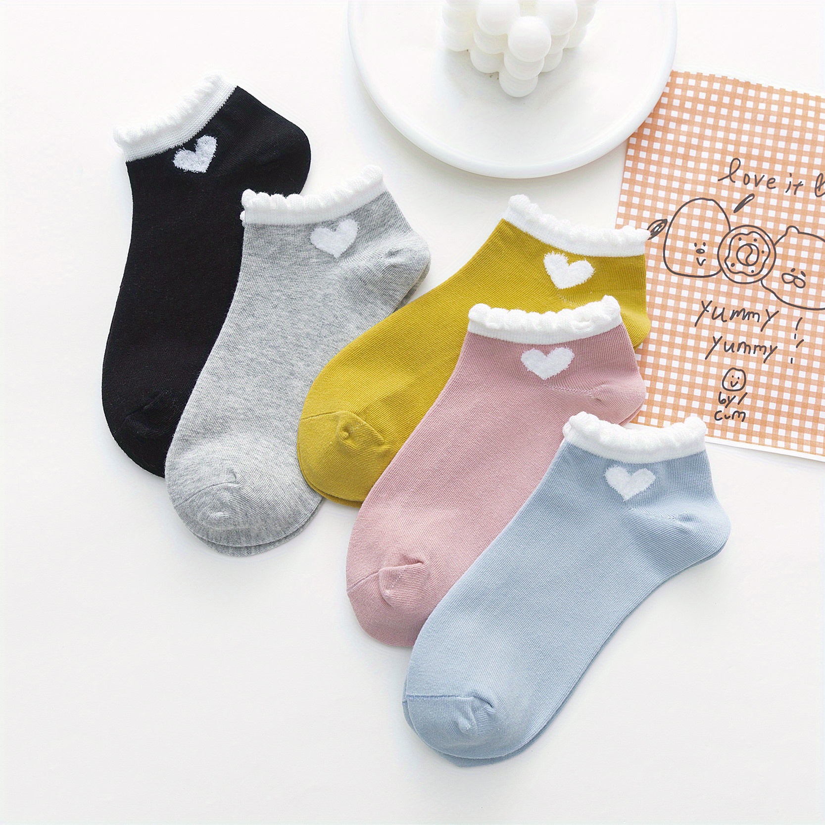 5 Pairs Heart Print Socks Soft Lightweight Lettuce Trim Ankle Socks ...