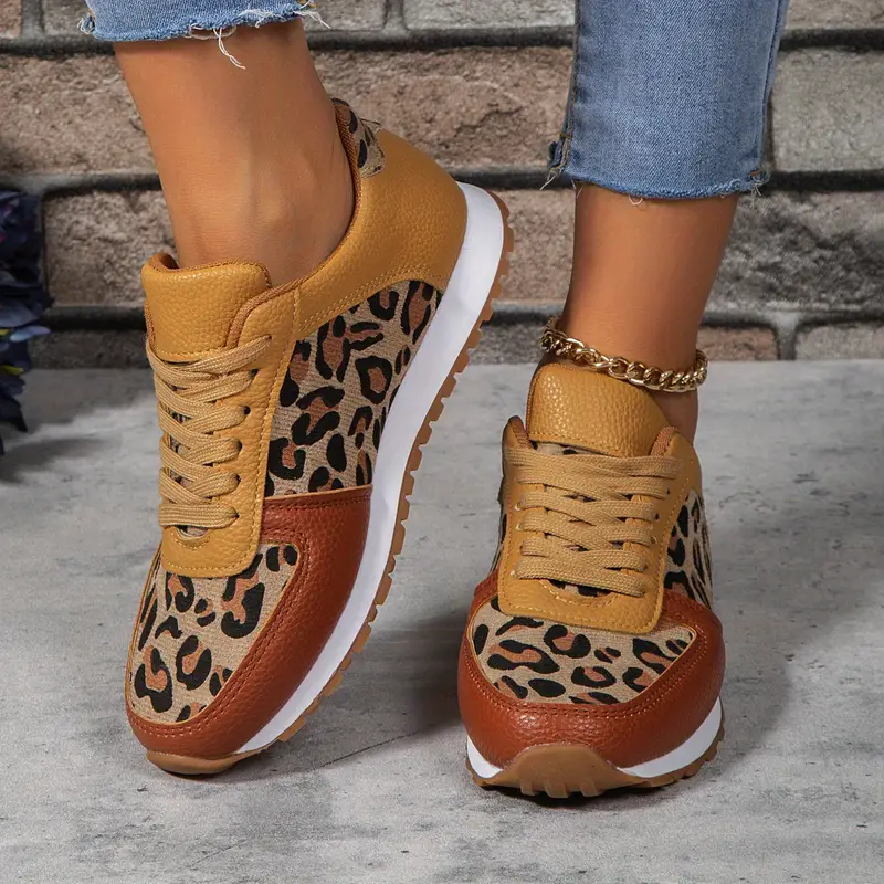 Women's Leopard Print Sneakers Stylish Lace Flat Sneakers - Temu