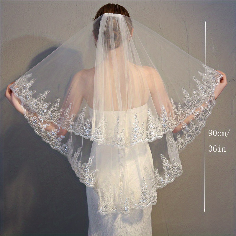 Lace Bridal Wedding Veil Double Layer With Hair Comb Bridal - Temu