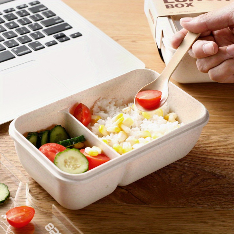 1 set insulated lunch box with tableware for office workers square divided wheat straw microwave oven bento box with   leakproof food container home kitchen supplies for teenagers and workers for back school classroom details 14