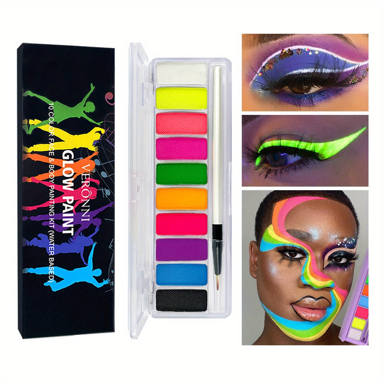 Eyeliner Palette, 16 Colors Water Activated Face Paint Makeup Uv Luminous  Graphic Eyeliner With Eyeliner Brush