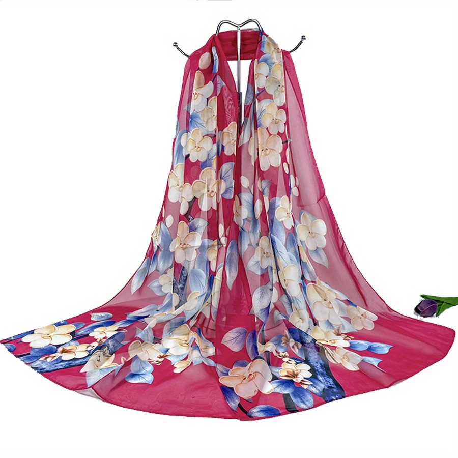 Chiffon Flower Print Scarf Silk Shawl Casual Windproof Head Wrap