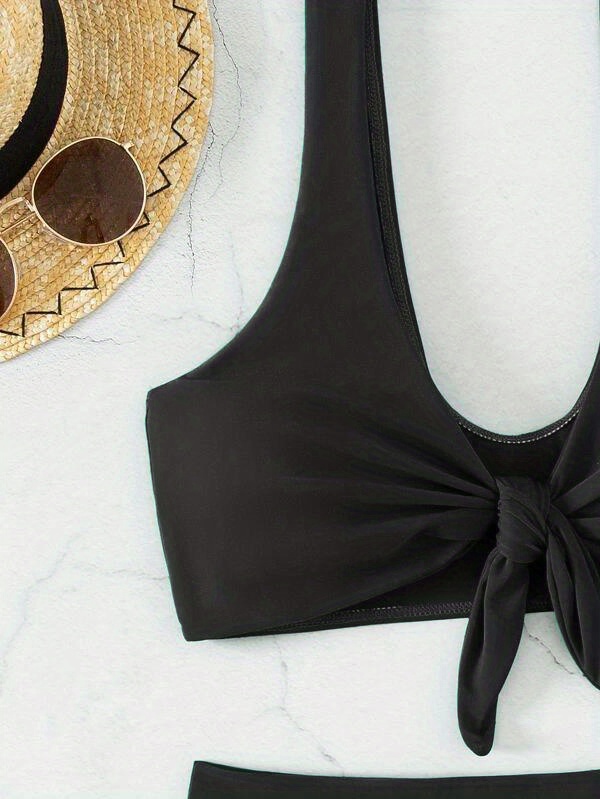 Front Bow Knot V Neck Bikini Top Solid Color Black Stretchy - Temu