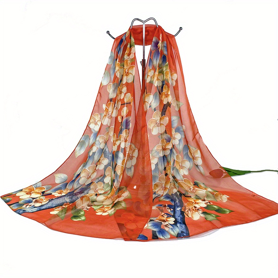 Chiffon Flower Print Scarf Silk Shawl Casual Windproof Head Wrap