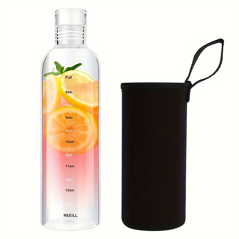 500ml Glass Water Bottle With PU Cup Holder Time Marker Milk Juice Fashion  Simple Portable Leakproof Drink Bottle Drinkware Gift