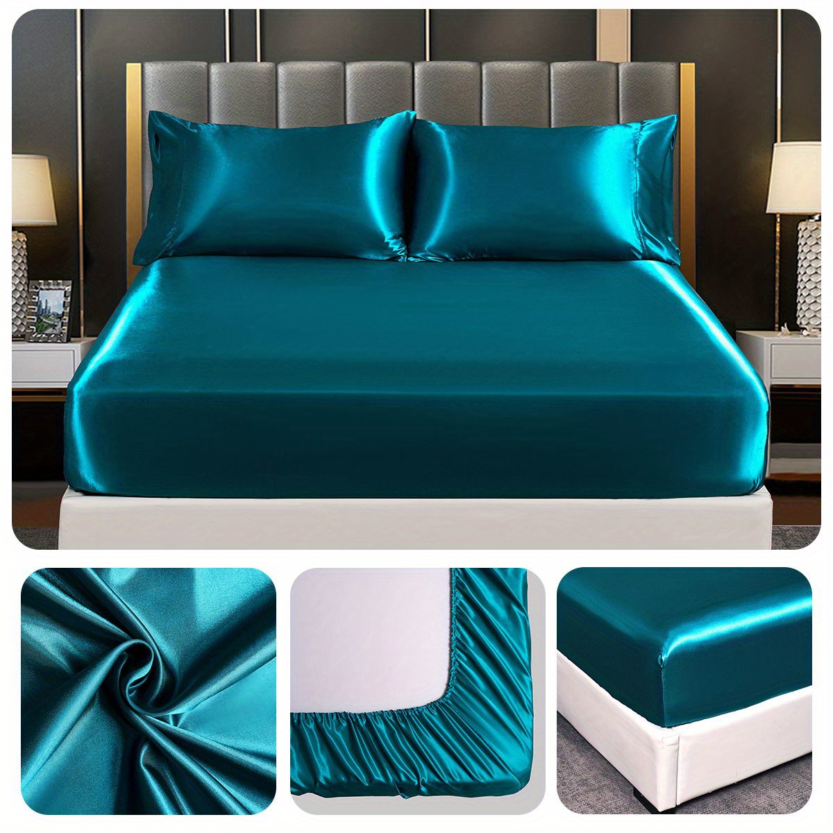 1pc satin solid color fitted sheet soft silky bedding for bedroom   without pillowcase details 9