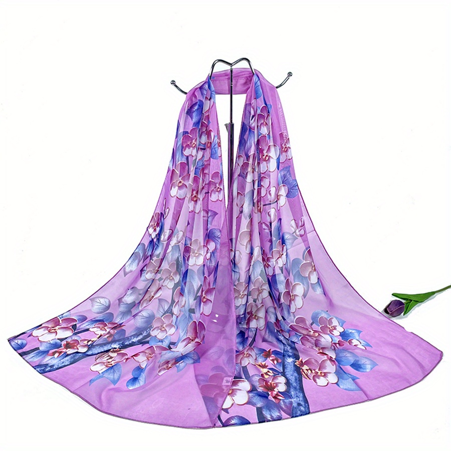 Chiffon Flower Print Scarf Silk Shawl Casual Windproof Head Wrap