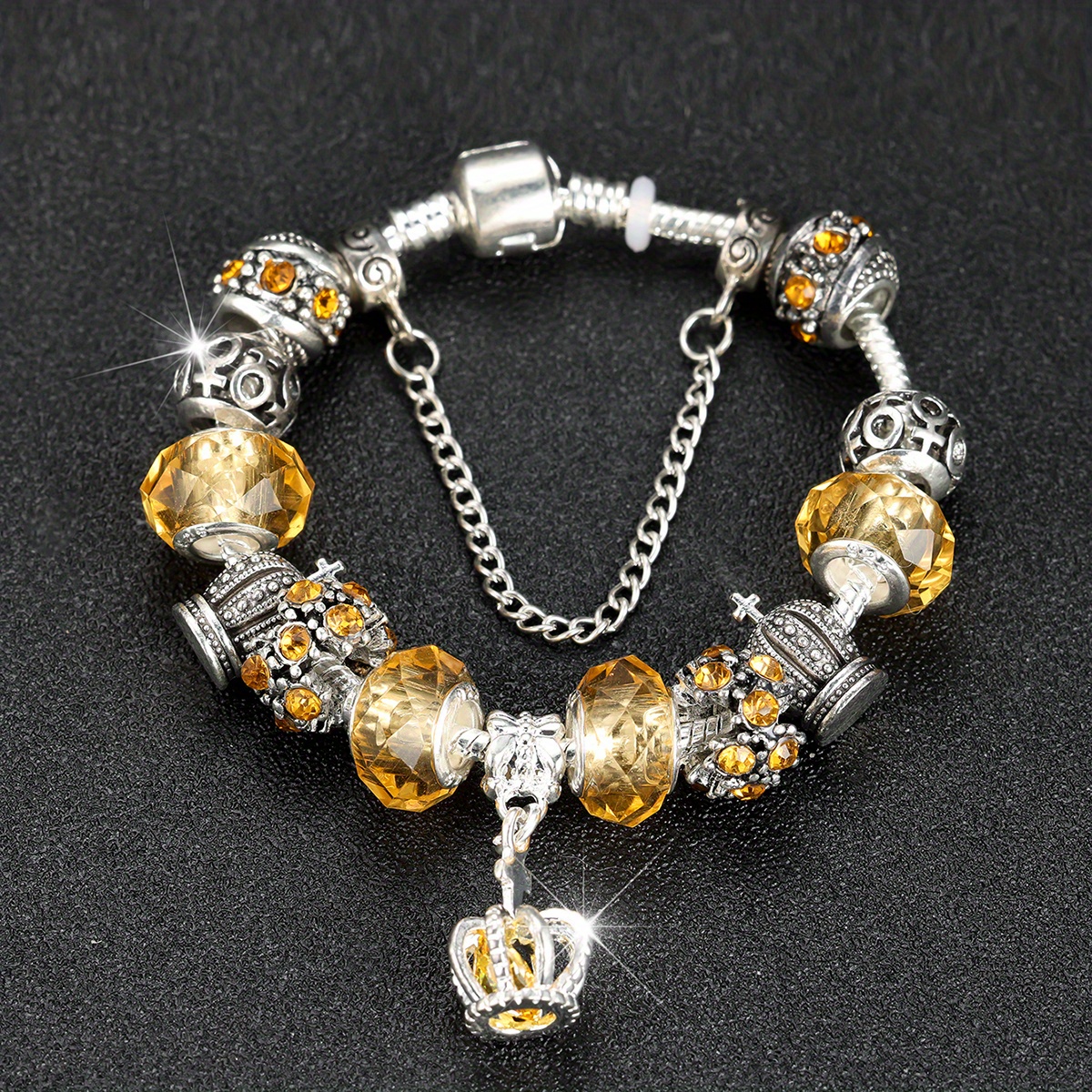 King Queen Princess Crown Charm Bangle Jewelry Snake Chain Beaded Bangles