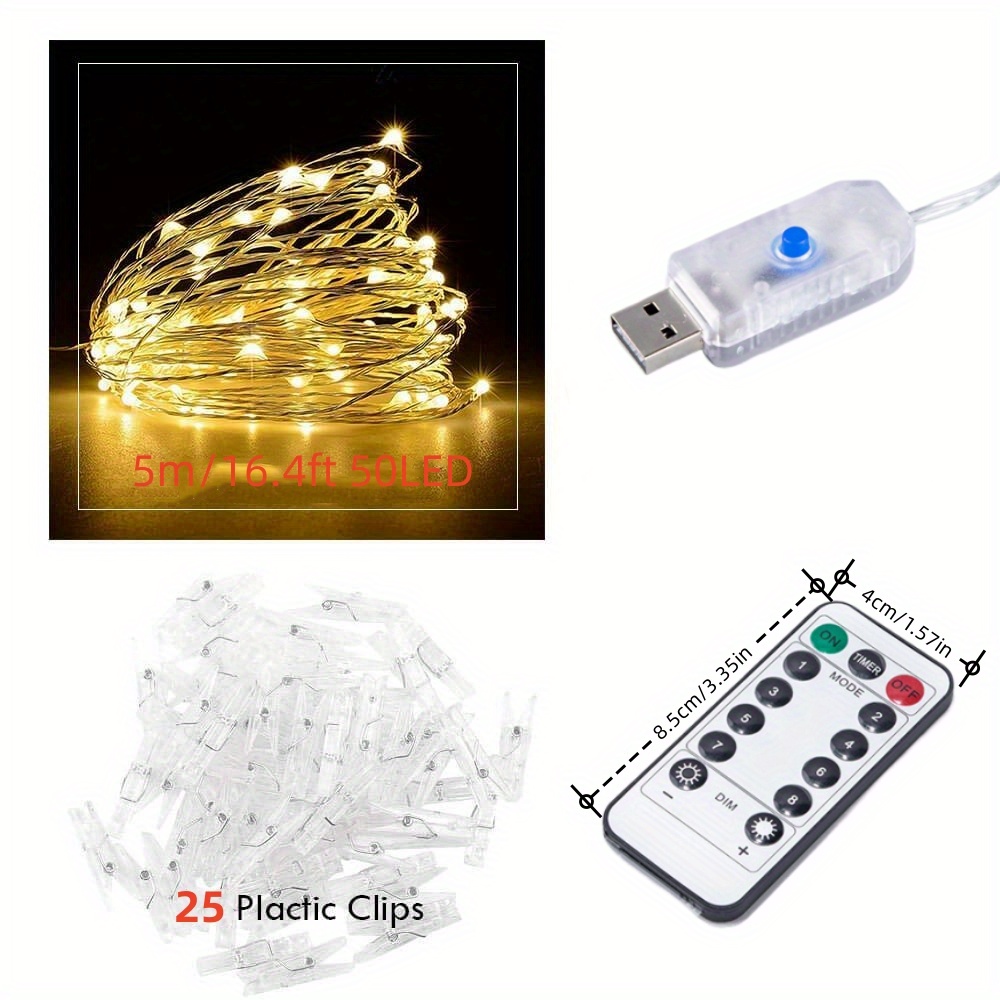 1 pack photo clip string lights usb 50 led 5m copper wire hanging string fairy lights with remote decoration for indoor bedroom wedding party 25 clip 4 nails warm white 8 modes details 6