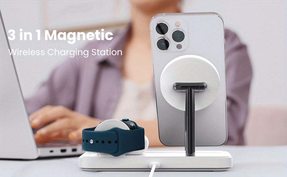 magnetic wireless charger station magnetic 3 in 1 charging station for magsafe for iphone 14 13 12 series iwatch 8 7 se 6 5 4 3 2 airpods 3 pro 2 with qc3 0 adapter details 0