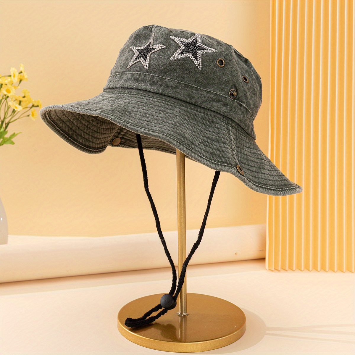 1pc Women Star Pattern Rhinestone Decor Adjustable Cowboy Bucket