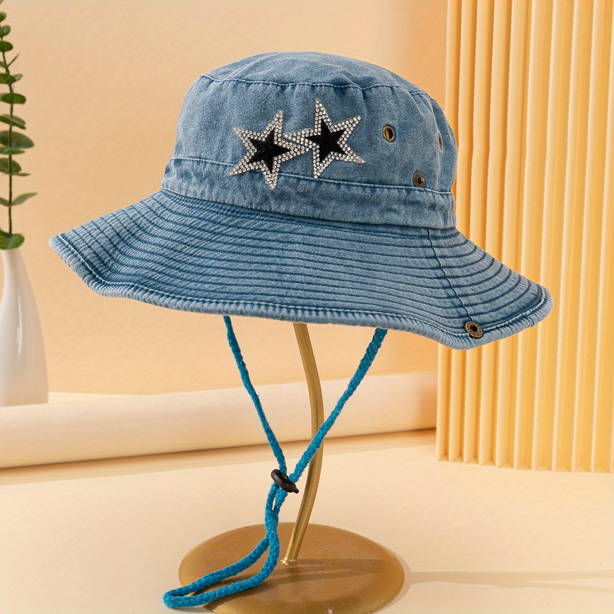 1pc Women Star Pattern Rhinestone Decor Adjustable Cowboy Bucket