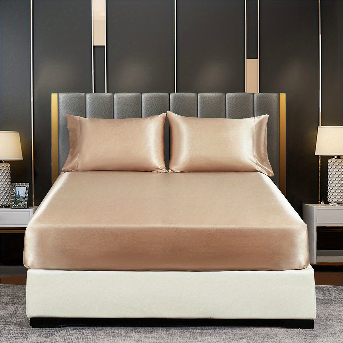 1pc satin solid color fitted sheet soft silky bedding for bedroom   without pillowcase details 2