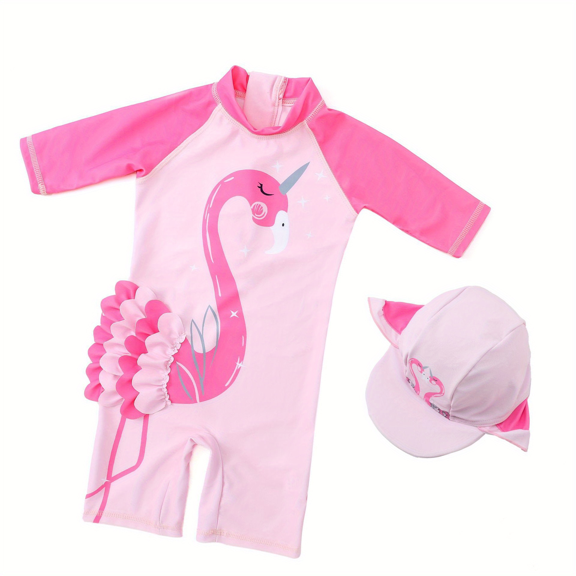 Traje De Baño Niñas Flamingo + Gorro Natacion + Gorro Sol