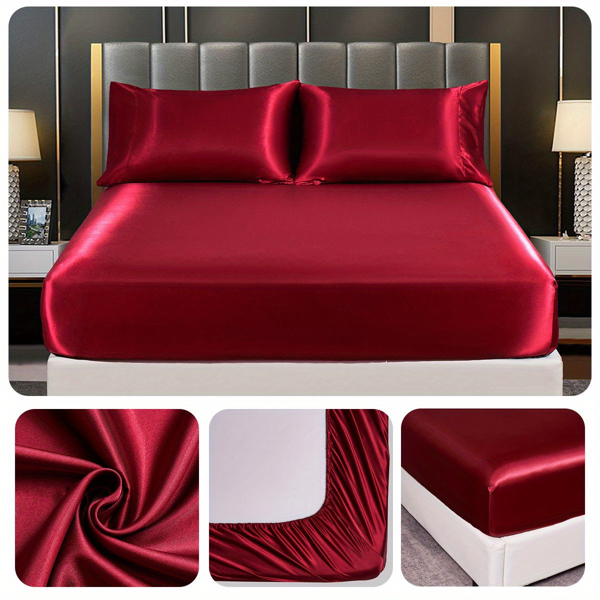 1pc satin solid color fitted sheet soft silky bedding for bedroom   without pillowcase details 7