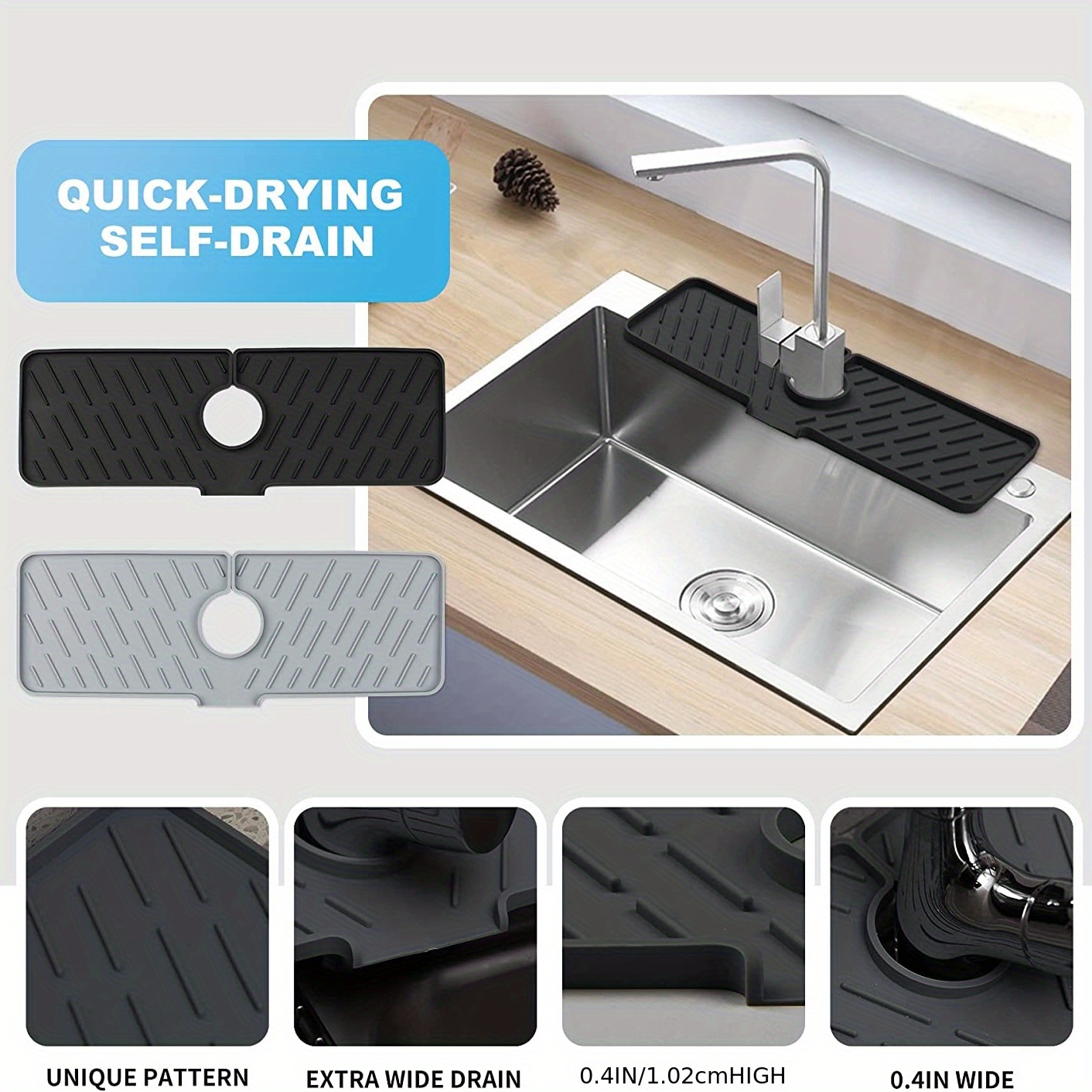 KRAUS Self-Draining Silicone Dish Drying Mat in Dark Grey