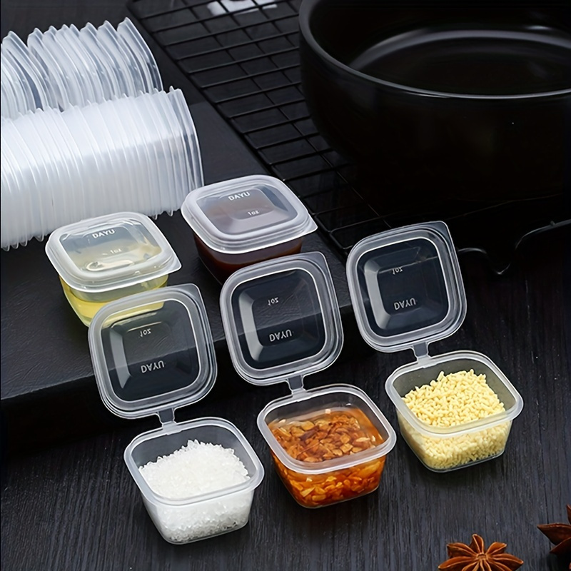 50pcs Disposable Plastic Sauce Container Hinged Lid Clear Pot Cup Round