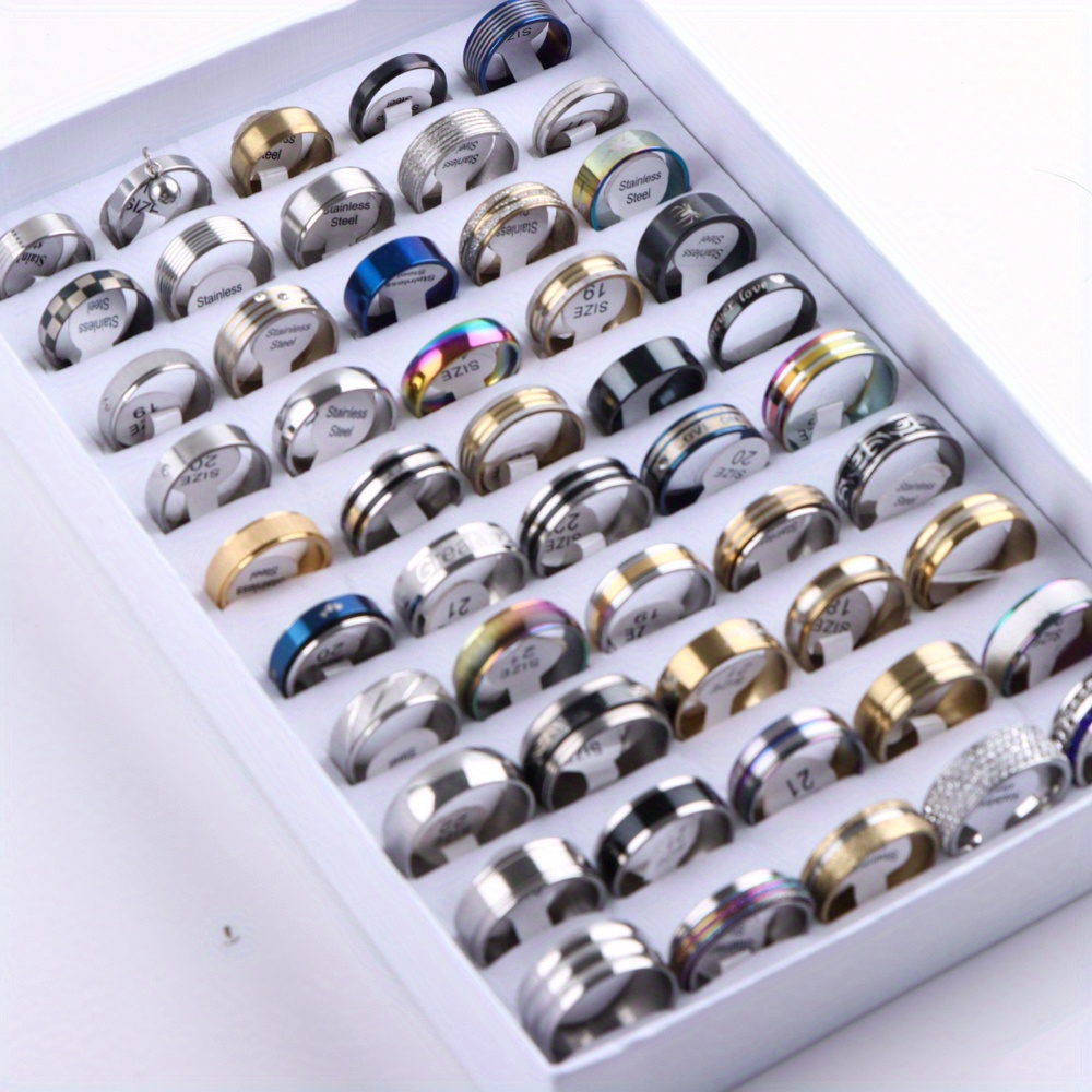 50pcs/pack Fashion Classic Heart Stripe Stainless Steel Rings for Women & Men Simple Colorful Mixed Style Jewelry, Jewels Gifts,Temu