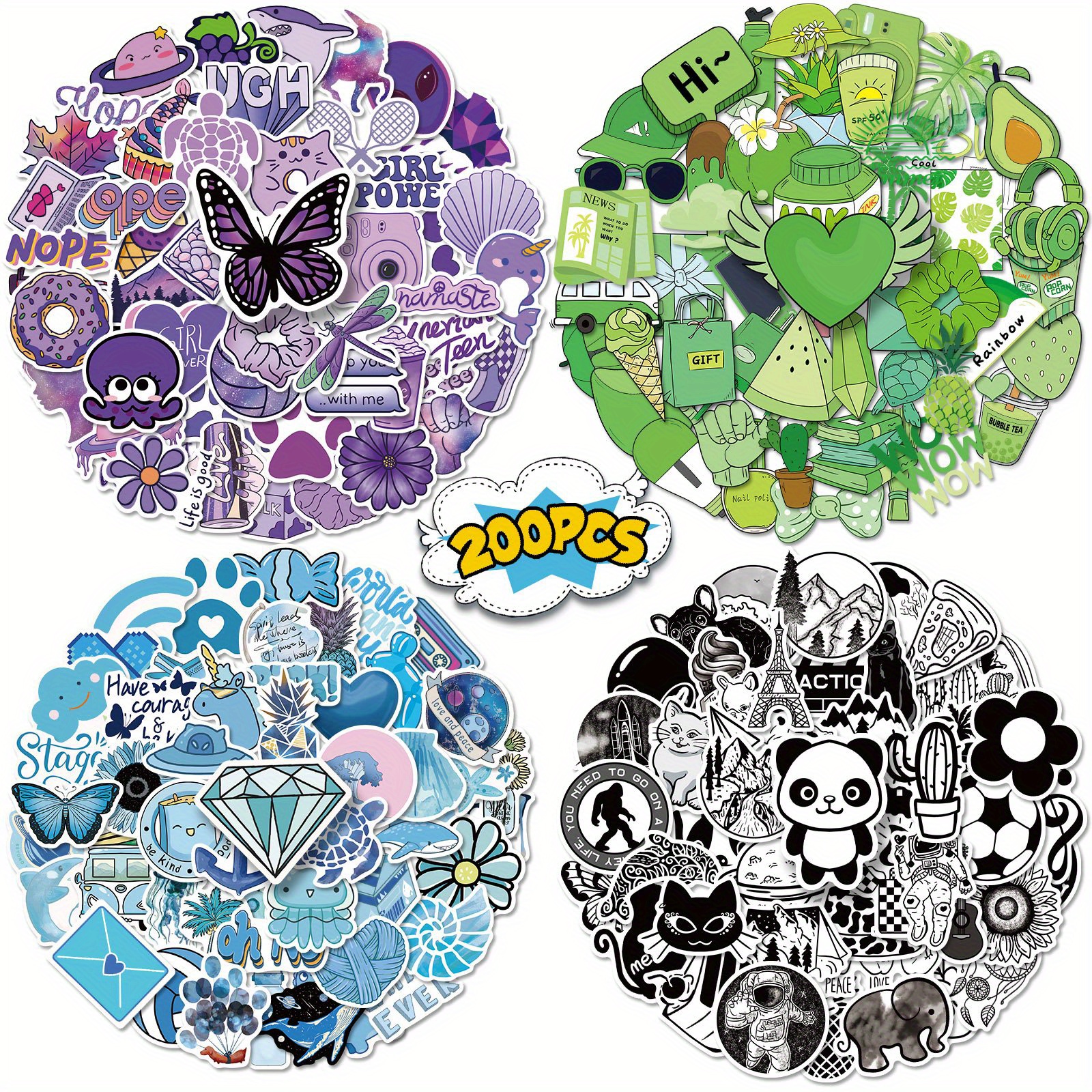 200pcs Purple Green Blue Black And White Aesthetic Stickers Cute Cartoon  Stickers Waterproof Vinyl Style Stickers For Water Bottles Laptop Luggage  For Kids Teens Adults - Toys & Games - Temu Germany