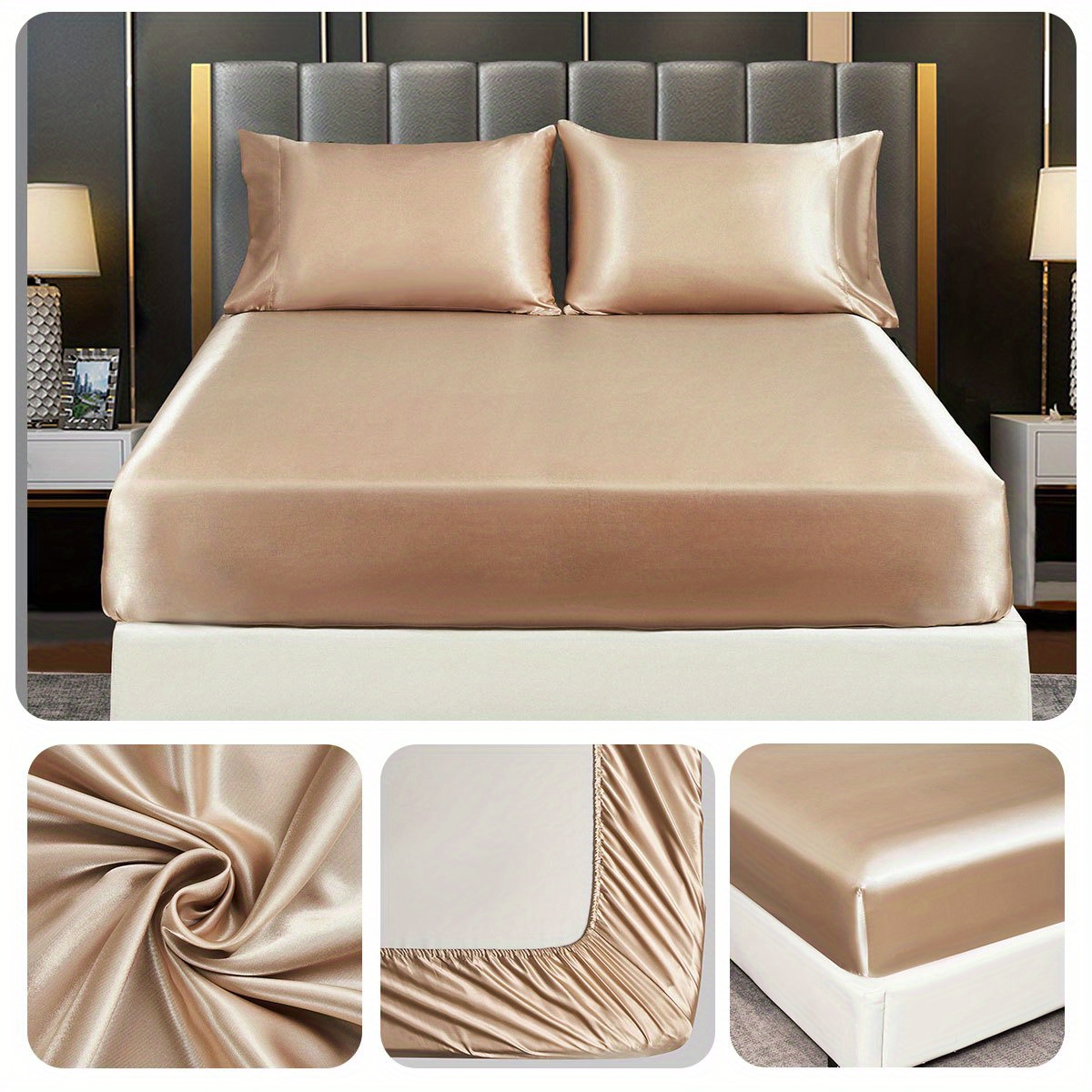 1pc satin solid color fitted sheet soft silky bedding for bedroom   without pillowcase details 8