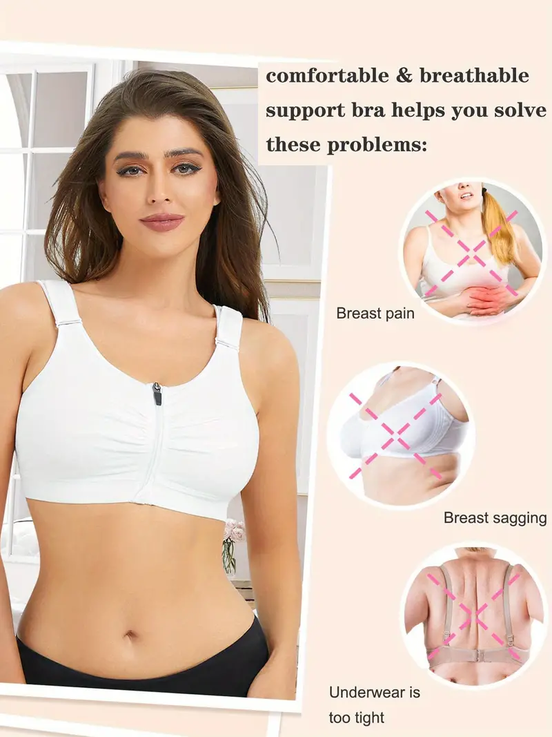 Women's Zip Front Sports Bra, Wireless Breathable Closure
