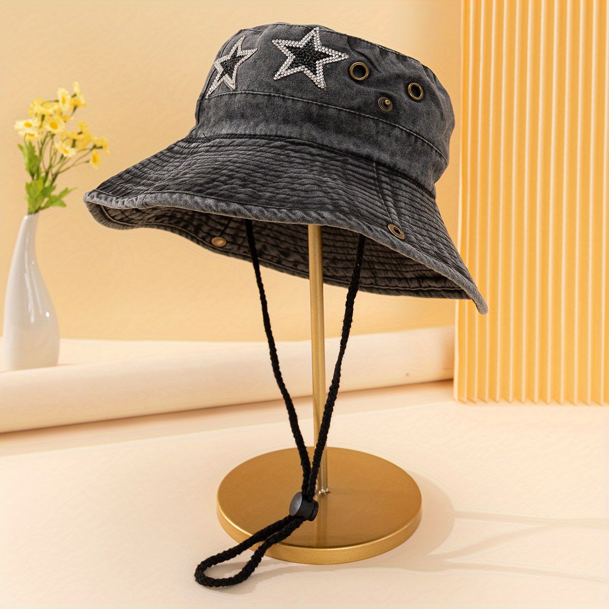 1pc Women Star Pattern Rhinestone Decor Adjustable Cowboy Bucket Hat For  Vacation