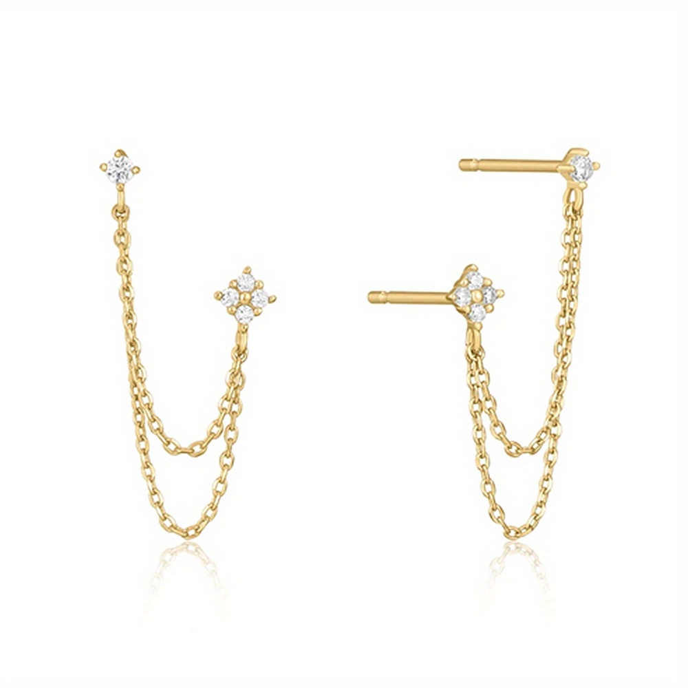 Zirconia Stud Earrings With Double Ear Piercing And Chain Design, Perfect For Women's Wedding Parties And