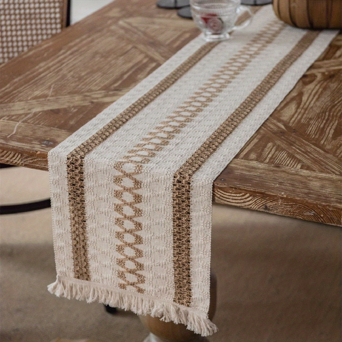 Camino de mesa bohemio para decoración del hogar, 72 pulgadas de largo,  camino de mesa rústico de granja, camino de mesa de macramé crema y marrón  con