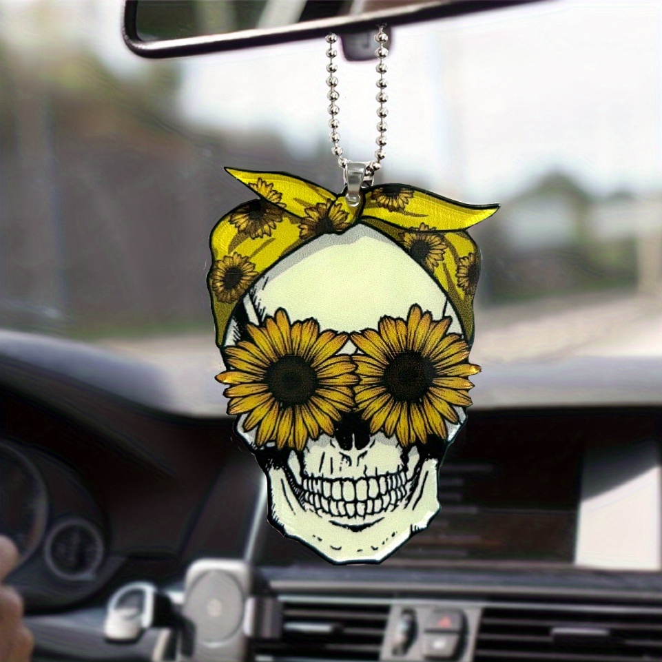 1 Stück Acryl-Sonnenblumen-Schädelkopf-Auto-Rückspiegel-Anhänger