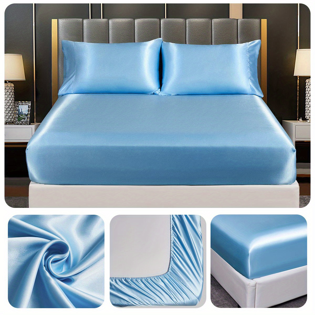 1pc satin solid color fitted sheet soft silky bedding for bedroom   without pillowcase details 12