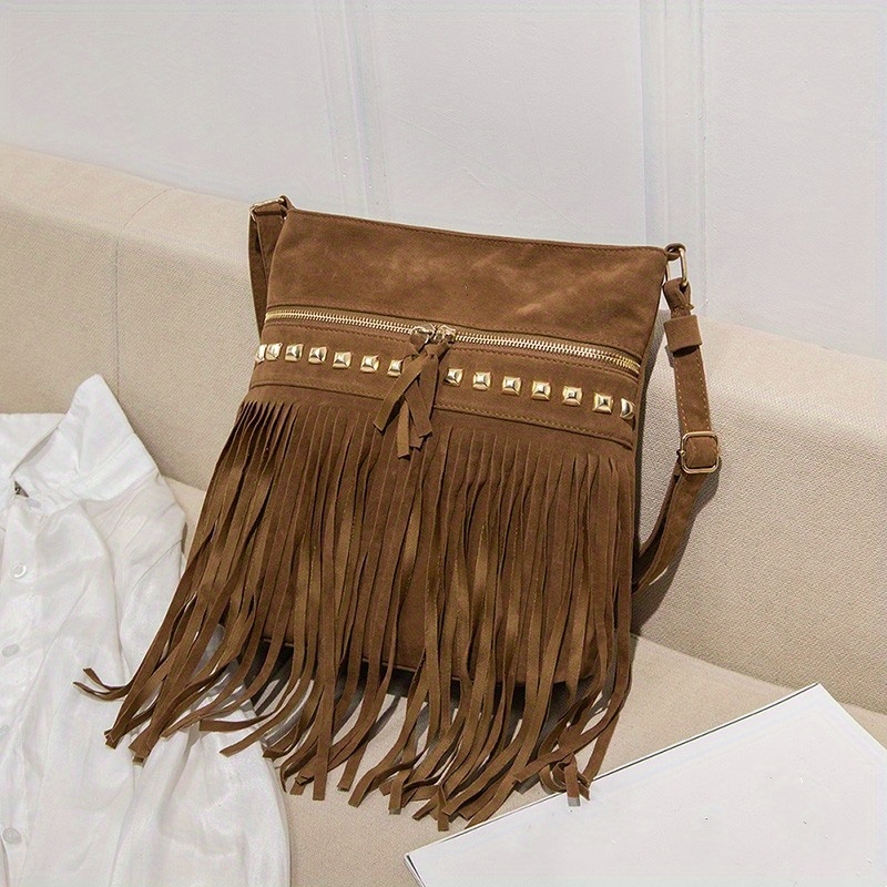 Women Suede Fringe Crossbody Bag, Boho Style Tassel Shoulder Bag, Retro  Zipper Square Purse - Temu