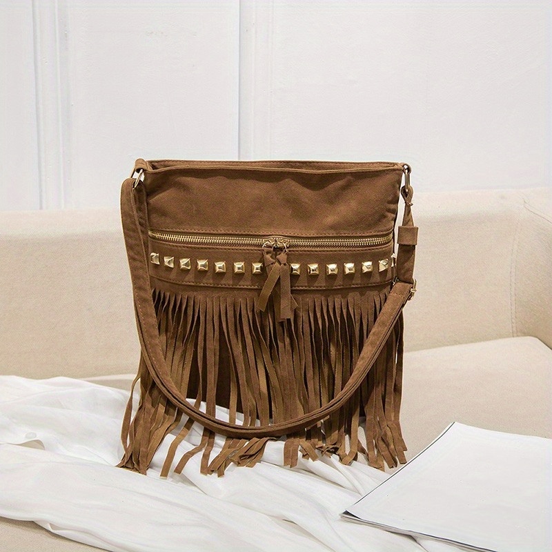 Women Suede Fringe Crossbody Bag, Boho Style Tassel Shoulder Bag, Retro  Zipper Square Purse - Temu