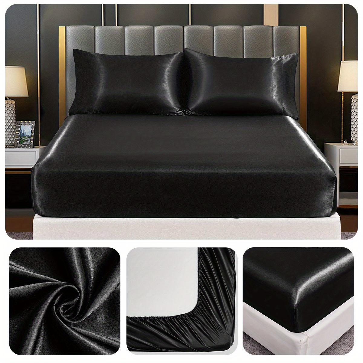 1pc satin solid color fitted sheet soft silky bedding for bedroom   without pillowcase details 6