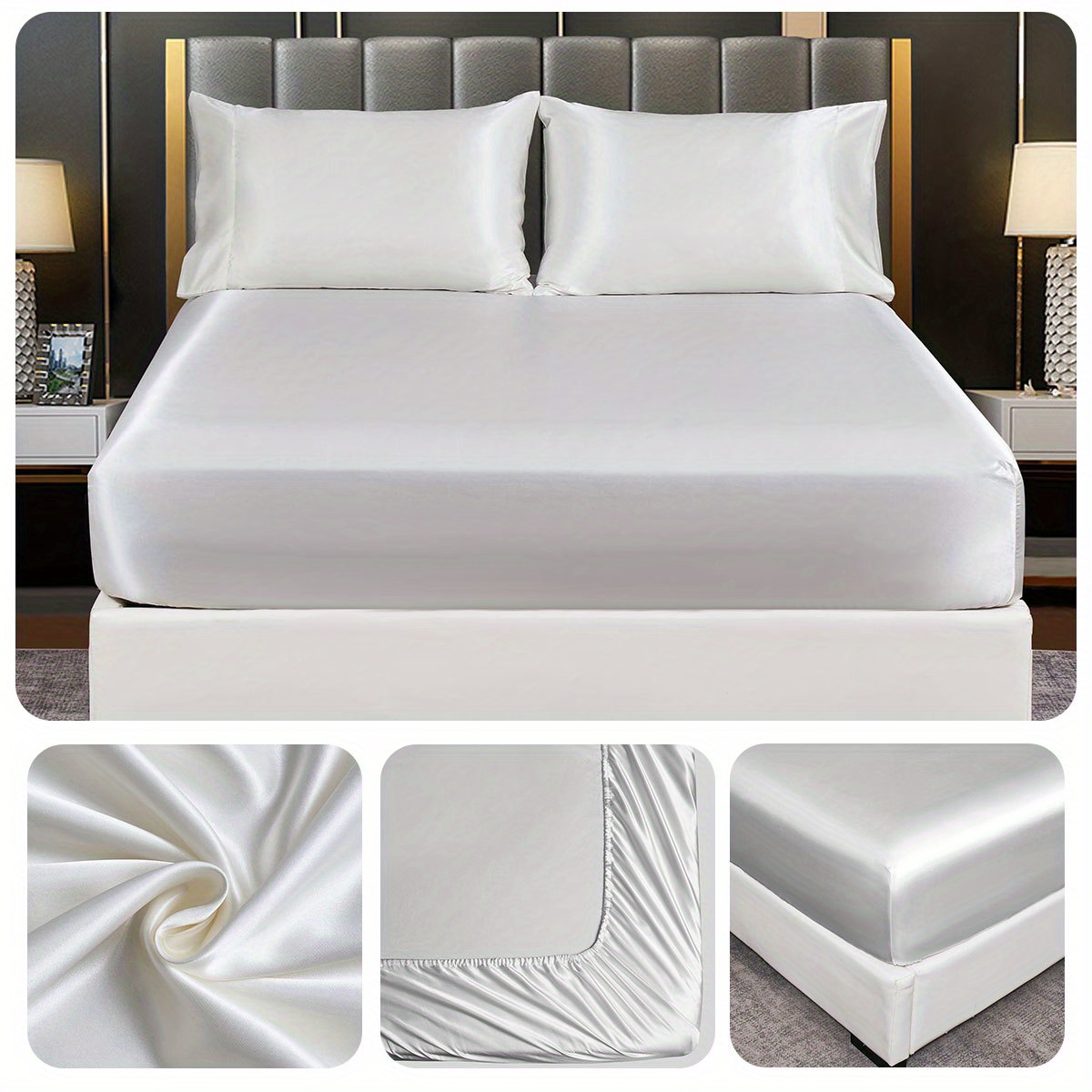 1pc satin solid color fitted sheet soft silky bedding for bedroom   without pillowcase details 10