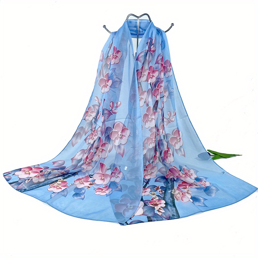 Chiffon Flower Print Scarf Silk Shawl Casual Windproof Head Wrap