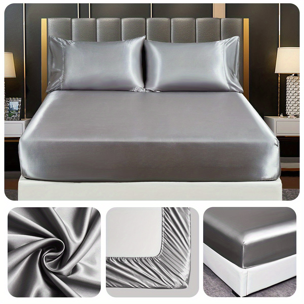 1pc satin solid color fitted sheet soft silky bedding for bedroom   without pillowcase details 13