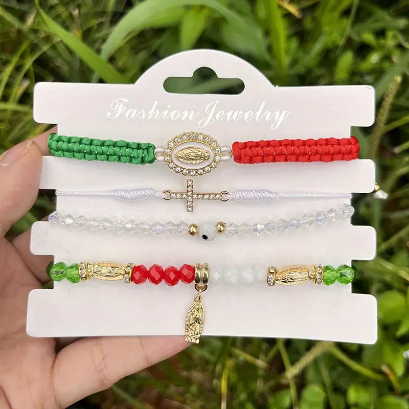 4pcs/Set Mexican Series Cross Virgin Mary Bracelets With Card, Red White  Green Braided Bracelet Adjustable Women's Bracelet Religious Christmas Gift
