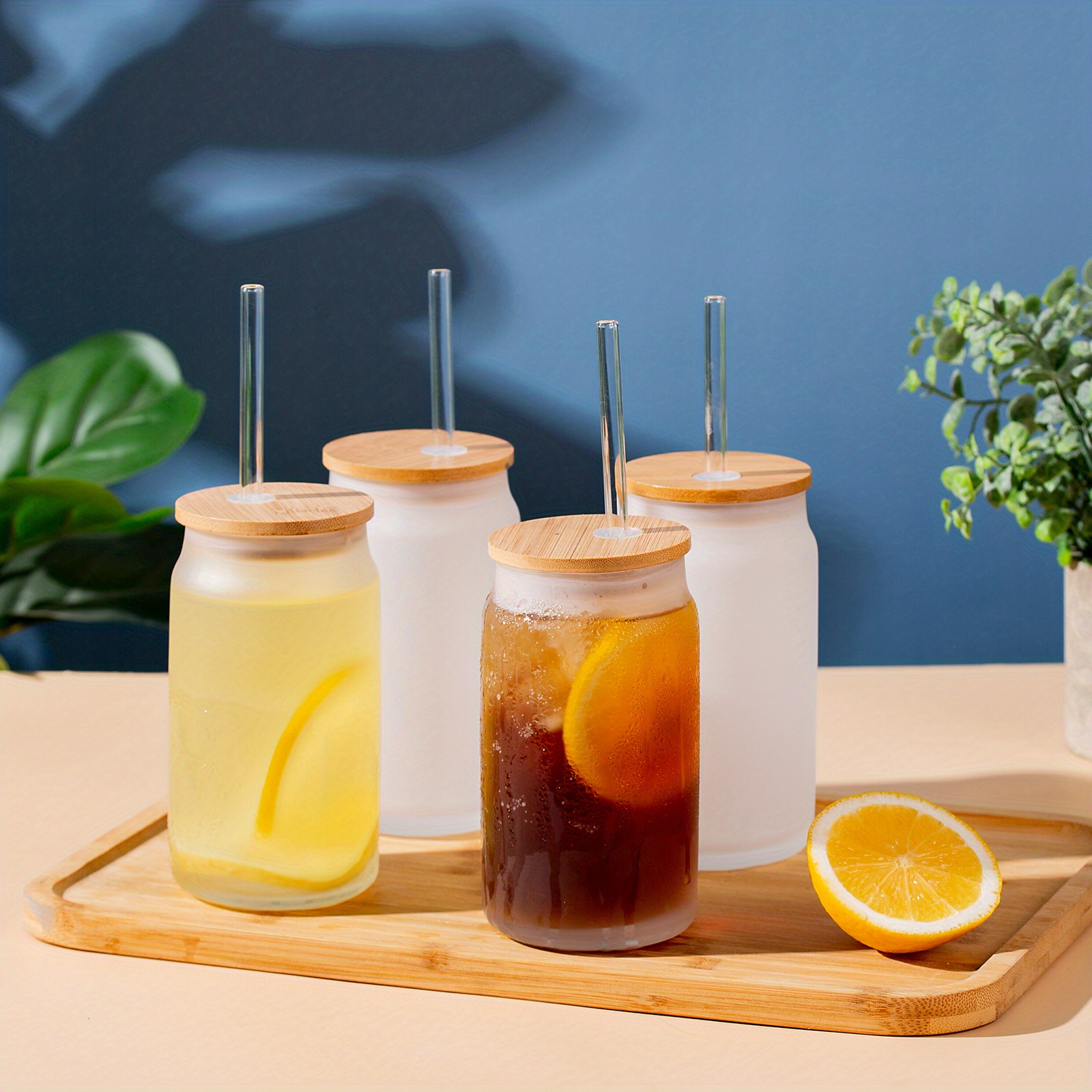 4pcs, Frosted Drinking Glasses With Bamboo Lids And Glass Straws, 16oz Can  Shaped Glass Cups, Beer Glasses, Iced Coffee Glasses, Cute Tumbler Cup, Ide
