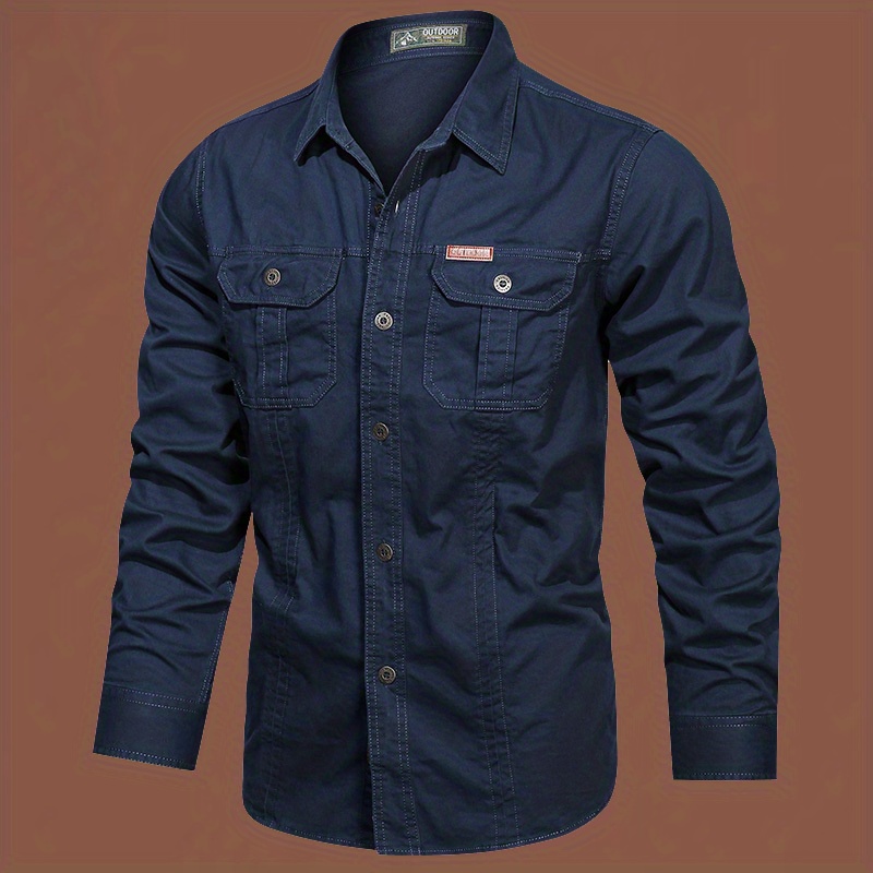 New Men Multi-pocket Work Shirt Long Sleeve Casual Cargo Shirts with  Embroidered 