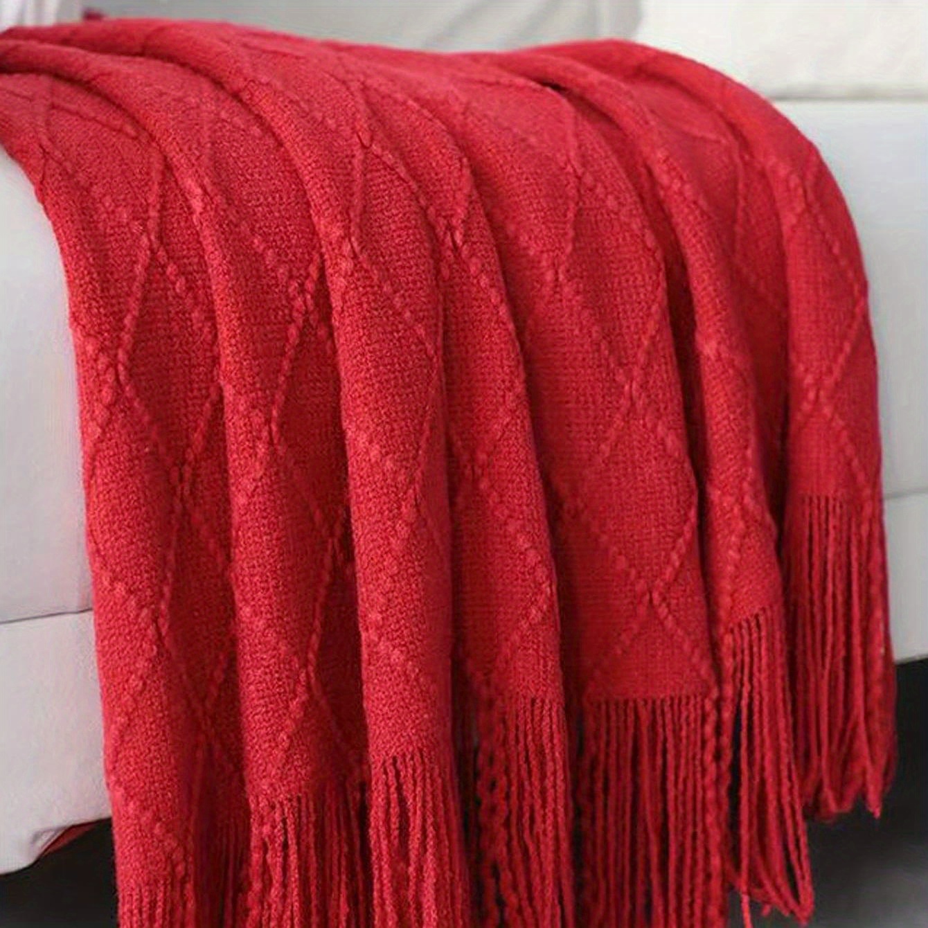 1pc Traditional-style Red Blanket With Tassel Detail - Cozy, Machine Washable, Polyester Throw For Home Decor, Room Accent| Accessory| Supplies