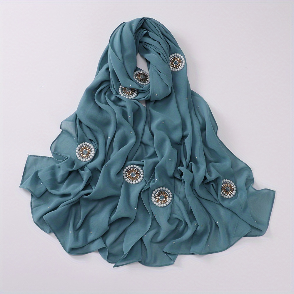 Faux Pearl Chiffon Hijab Scarf Solid Shawl Head Wrap Turban for Women