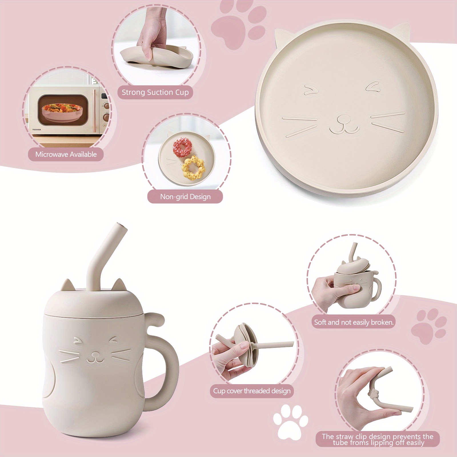 Baby Feeding Set Silicone Feeding Set Shallow Tray Kitten Design Baby  Silicone Tableware, Toddler Eating Utensils, With Suction Cup, Shallow Tray  Bib Soft Spoon Fork Cup, Tough Tableware Set, Edible Grade Silicone