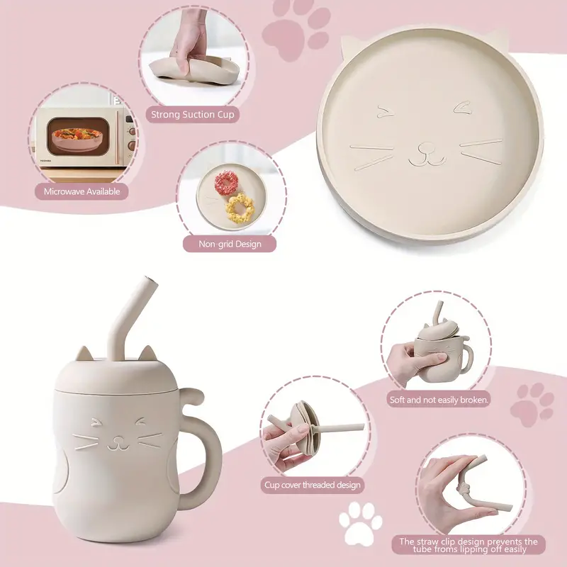 Baby Bowls With Suction Cat Design Silicone Feeding Set With - Temu