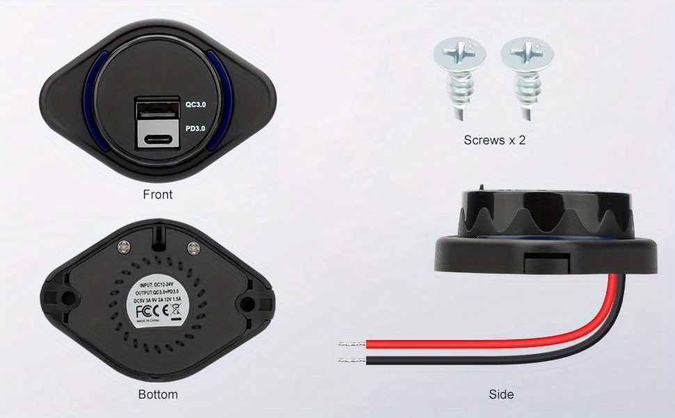 Prise de chargeur de voiture USB C 12 V, Qidoe 60 W Triple prise USB 30 W  PD USB-C et deux ports QC3.0 avec bouton marche/arrêt étanche 