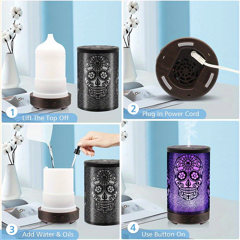 1pc 100ml 3 4oz 7 colors creative skull essential oil diffuser metal aromatherapy ultrasonic cool mist humidifier with led mood light and waterless auto off perfect for home office and gifting details 5