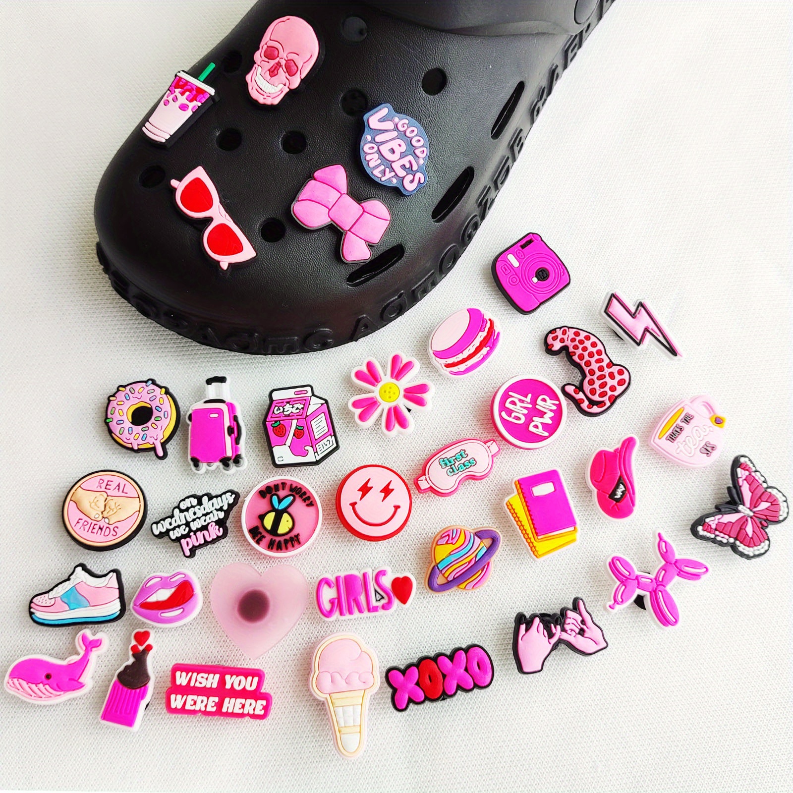 IOKUKI 35 PCS Pink Croc Charms for Girls Women, Aesthetic Shoe Decoration  Charms for Crocs Clog Slides Sandals, Pink Party Favors